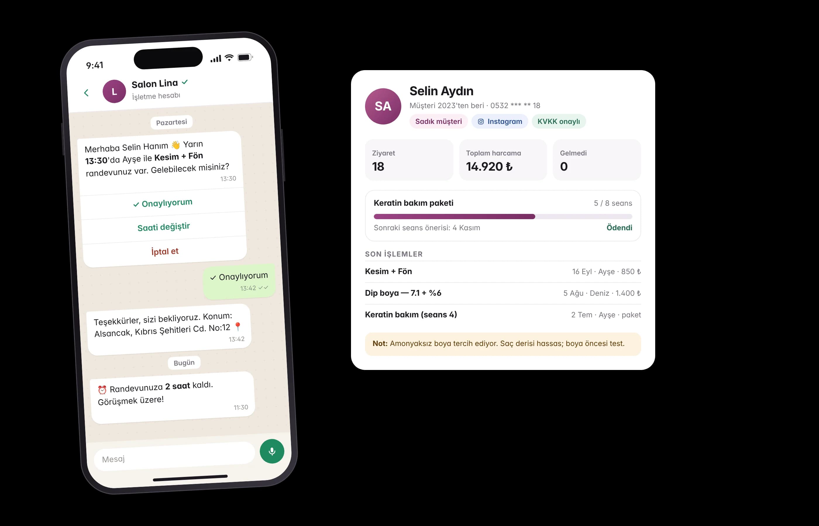 WhatsApp randevu hatırlatması ve müşteri kartı: ziyaret geçmişi, seans paketi ve notlar
