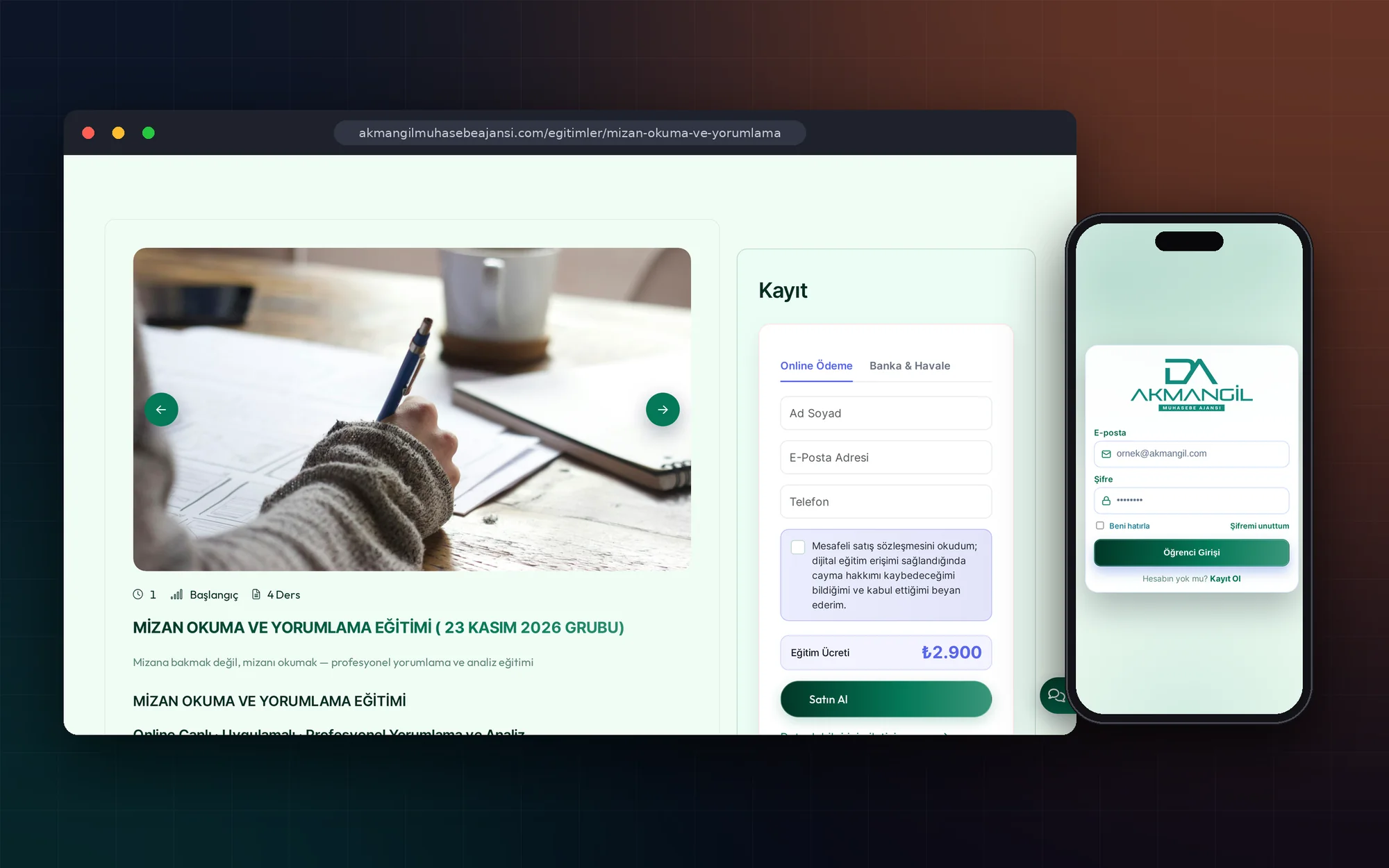 Akmangil Muhasebe Ajansı eğitim detayı: kayıt formu, online ödeme ve öğrenci girişi — masaüstü ve mobil