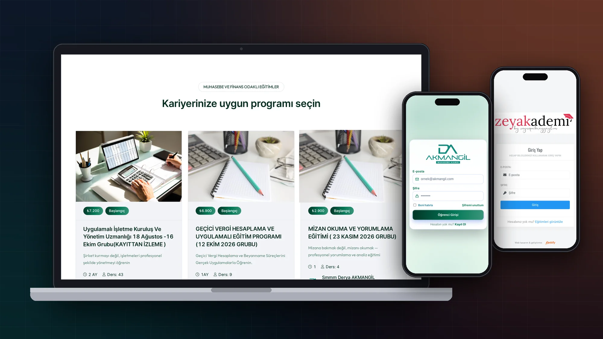 LMS örnekleri: Akmangil eğitim kataloğu ve Zeyakademi öğrenci girişi — dizüstü ve telefon görünümü