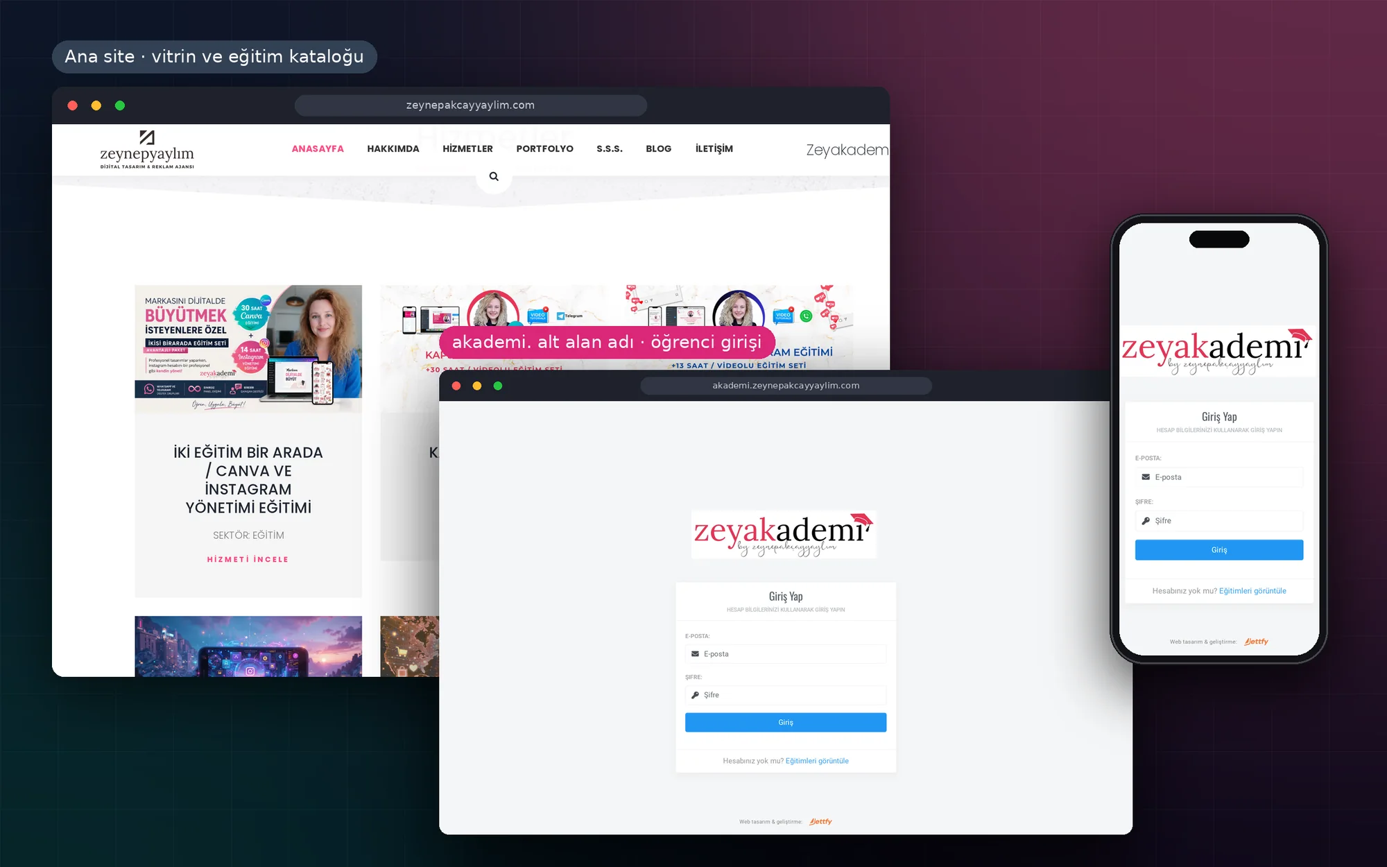 Zeyakademi: ana site vitrin ve akademi alt alan adında öğrenci girişi