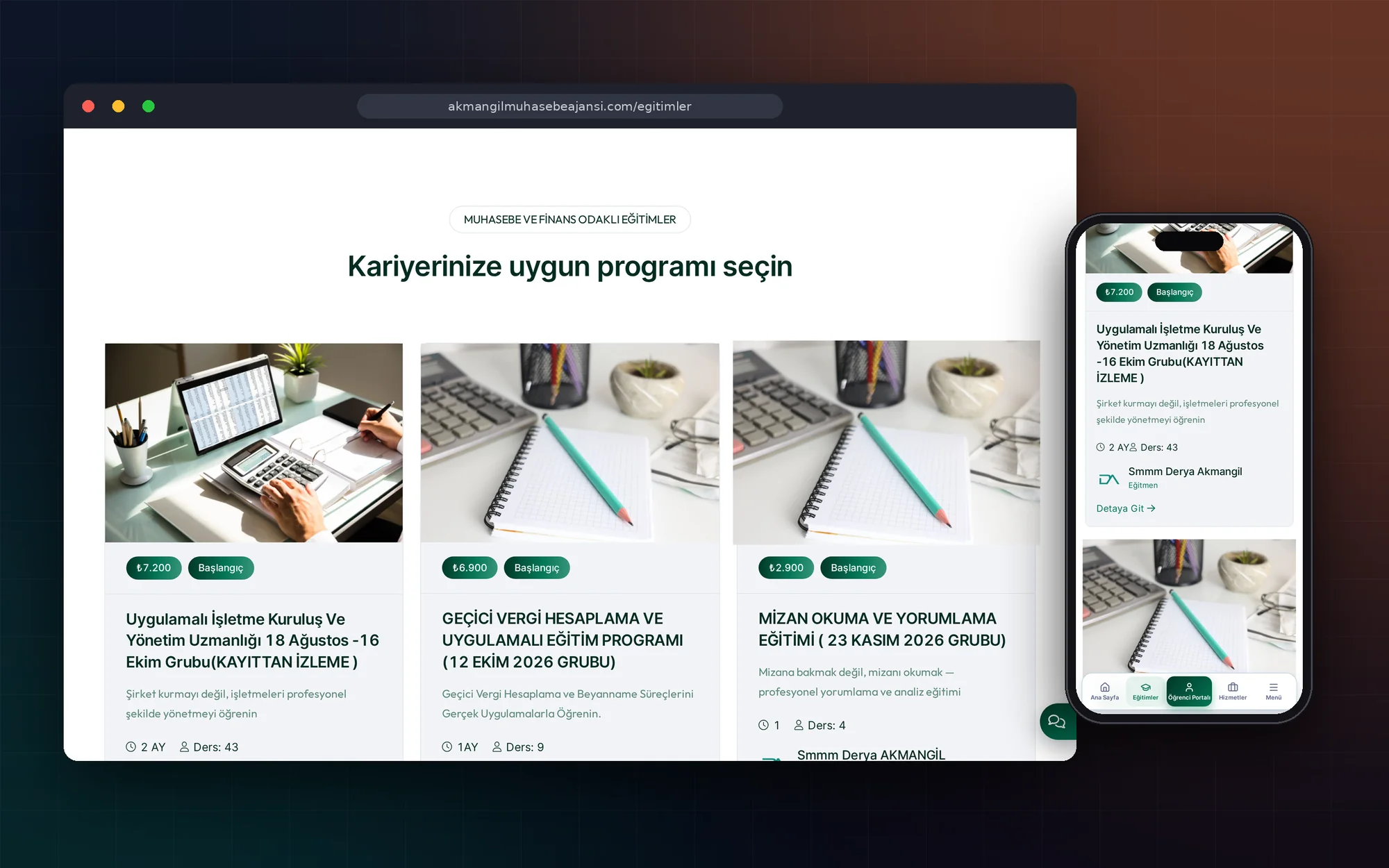 Akmangil eğitim kataloğu: fiyat, seviye, ders sayısı ve eğitmen bilgisiyle kurs kartları — masaüstü ve mobil